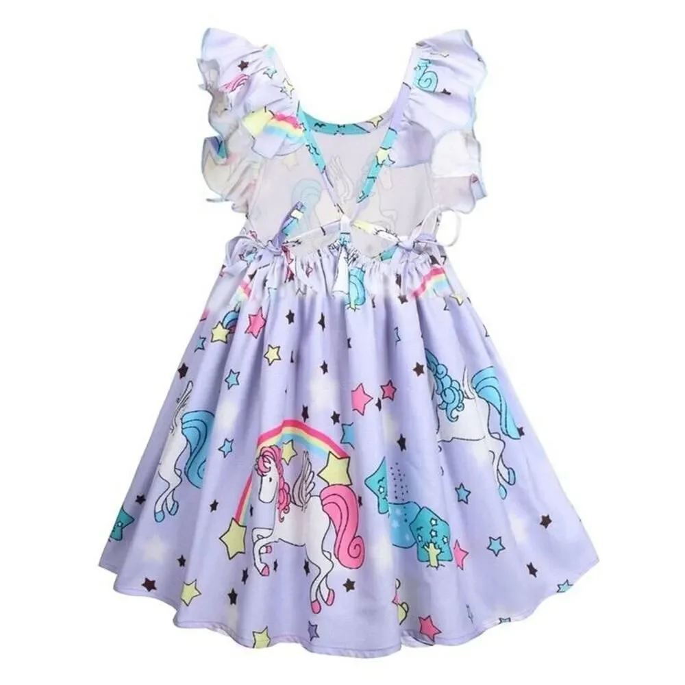 Los Angeles Boutique Girls Unicorn Rainbow Purple Ruffle Tie Back Dress NEW 6